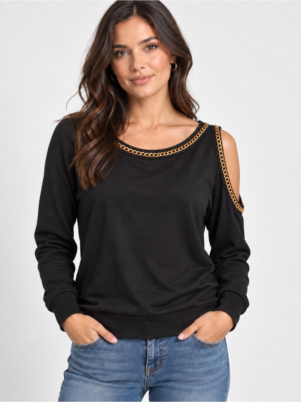 Michael Lauren Black Gold Chain One-Shoulder Cutout Top Size S NWT